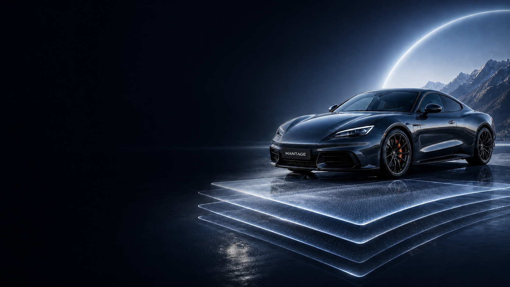 Dark sports car with transparent TPU paint protection film layers